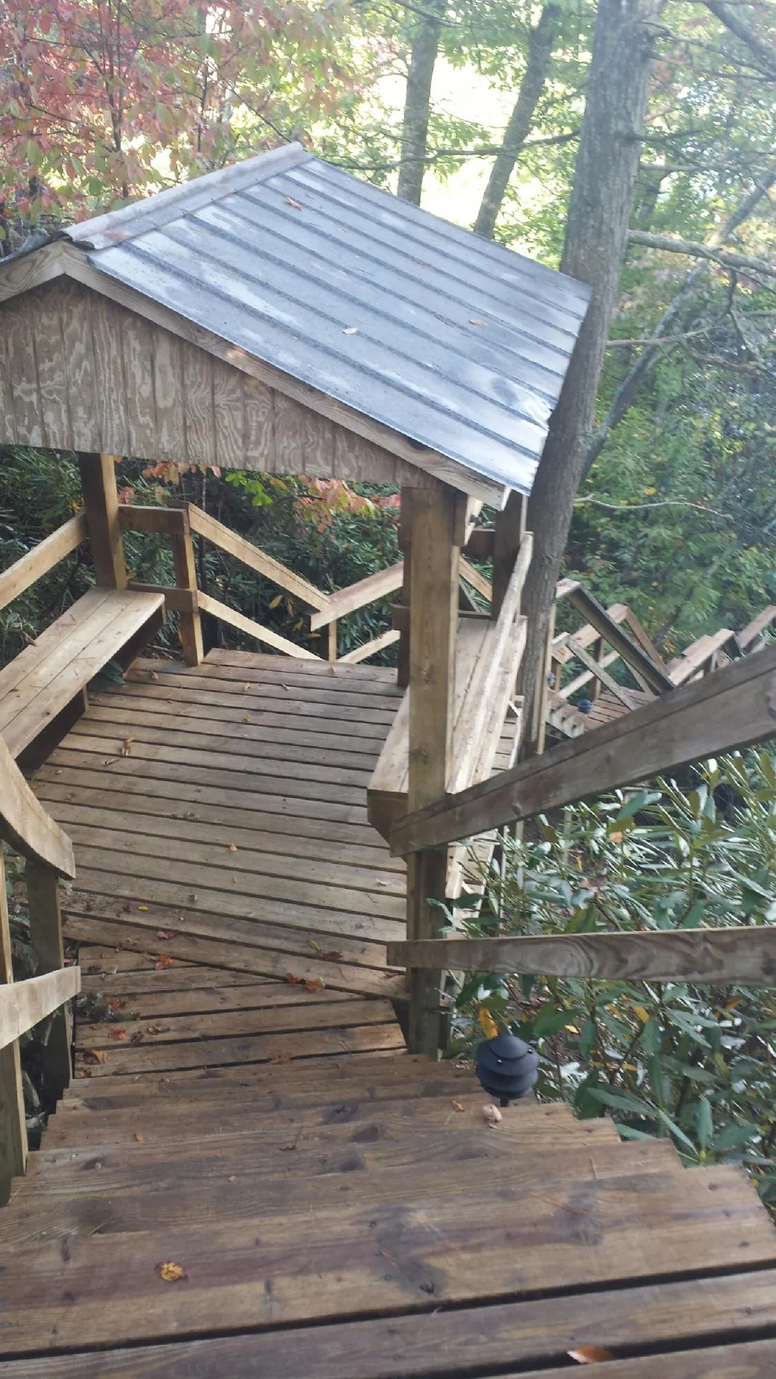 Metal roofed shelter over wooden steps on a wooded walkway — Skylight Repair & Installation work by our crew in Carthage